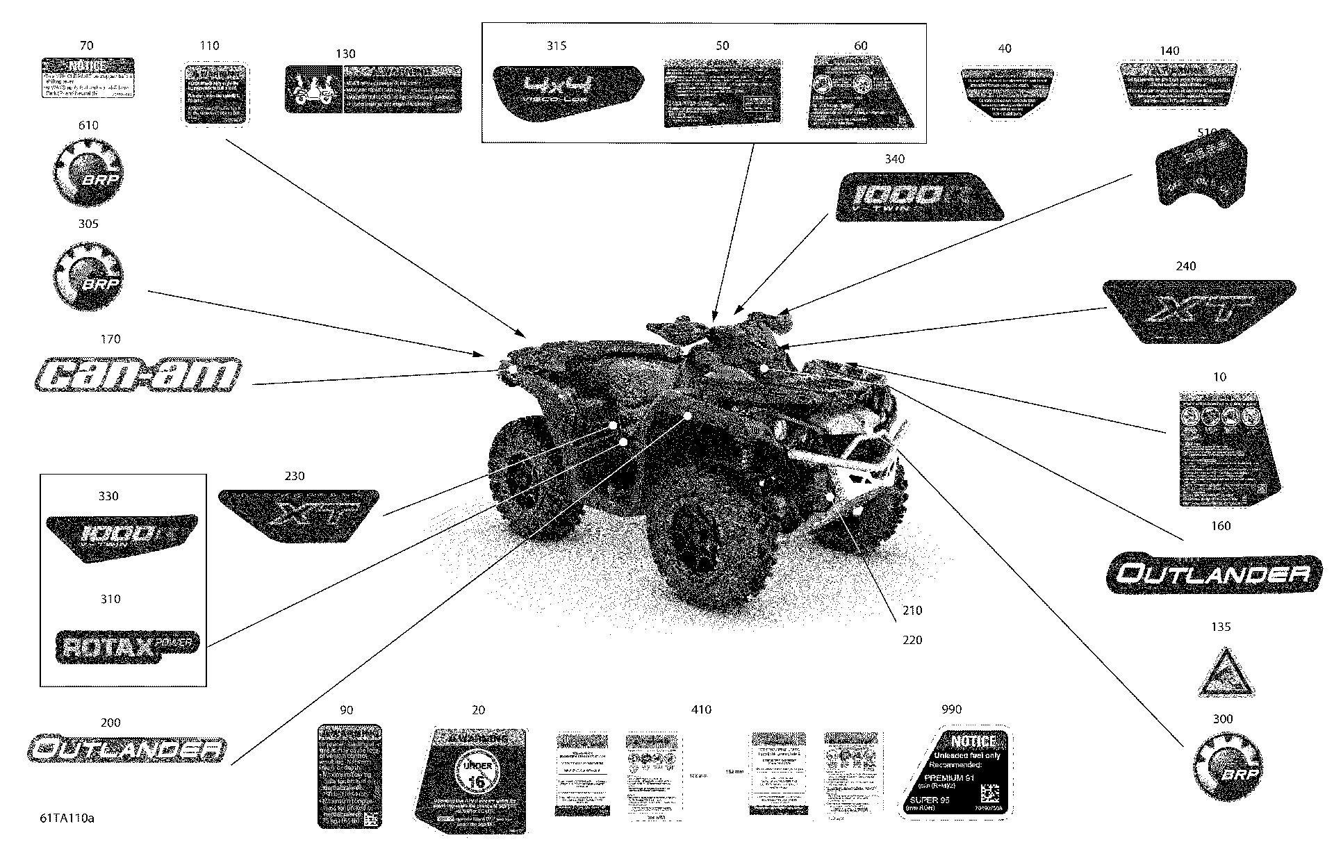 An Image of a Genuine Can-Am Parts Schematic Diagram showing the schematic - BODY - DECALS - XT