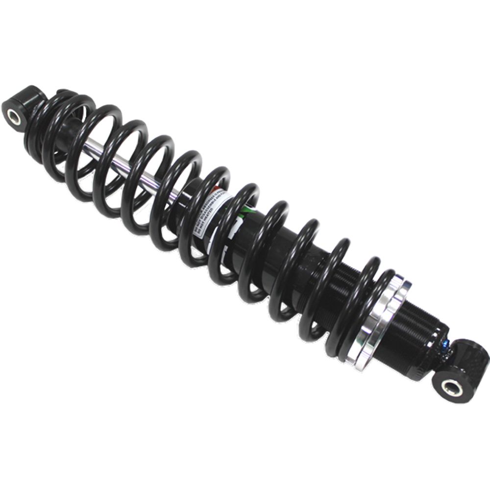 The Polaris Sportsman/Diesel/Worer/Xplorer UTV/ATV Rear Gas Shock by Bronco is a black coilover shock with a metal spring and rubber bushings at both ends—perfect for rugged off-road use and UTV/ATV applications.