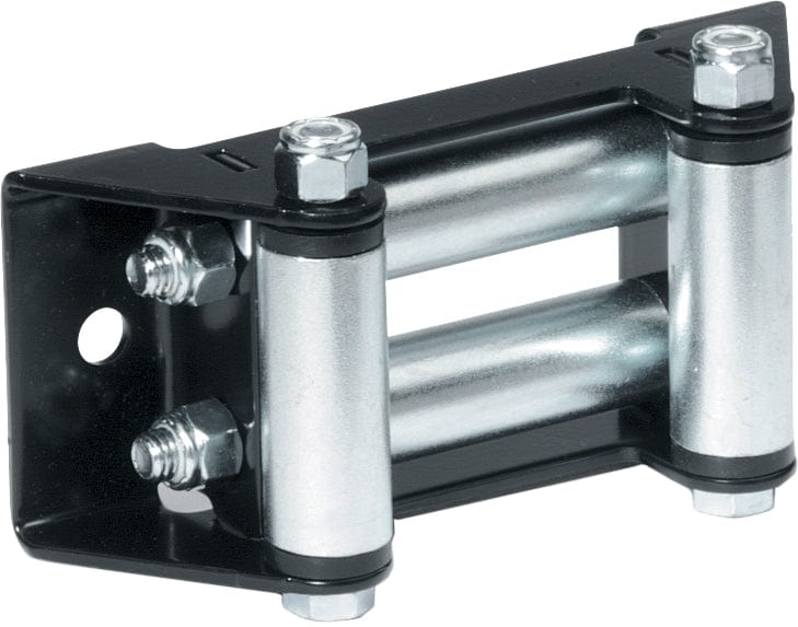 The Warn ATV / UTV Winch Roller Fairlead is black and silver with two horizontal and two vertical metal rollers on a rectangular bracket, secured by bolts.