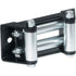 The Warn ATV / UTV Winch Roller Fairlead is black and silver with two horizontal and two vertical metal rollers on a rectangular bracket, secured by bolts.