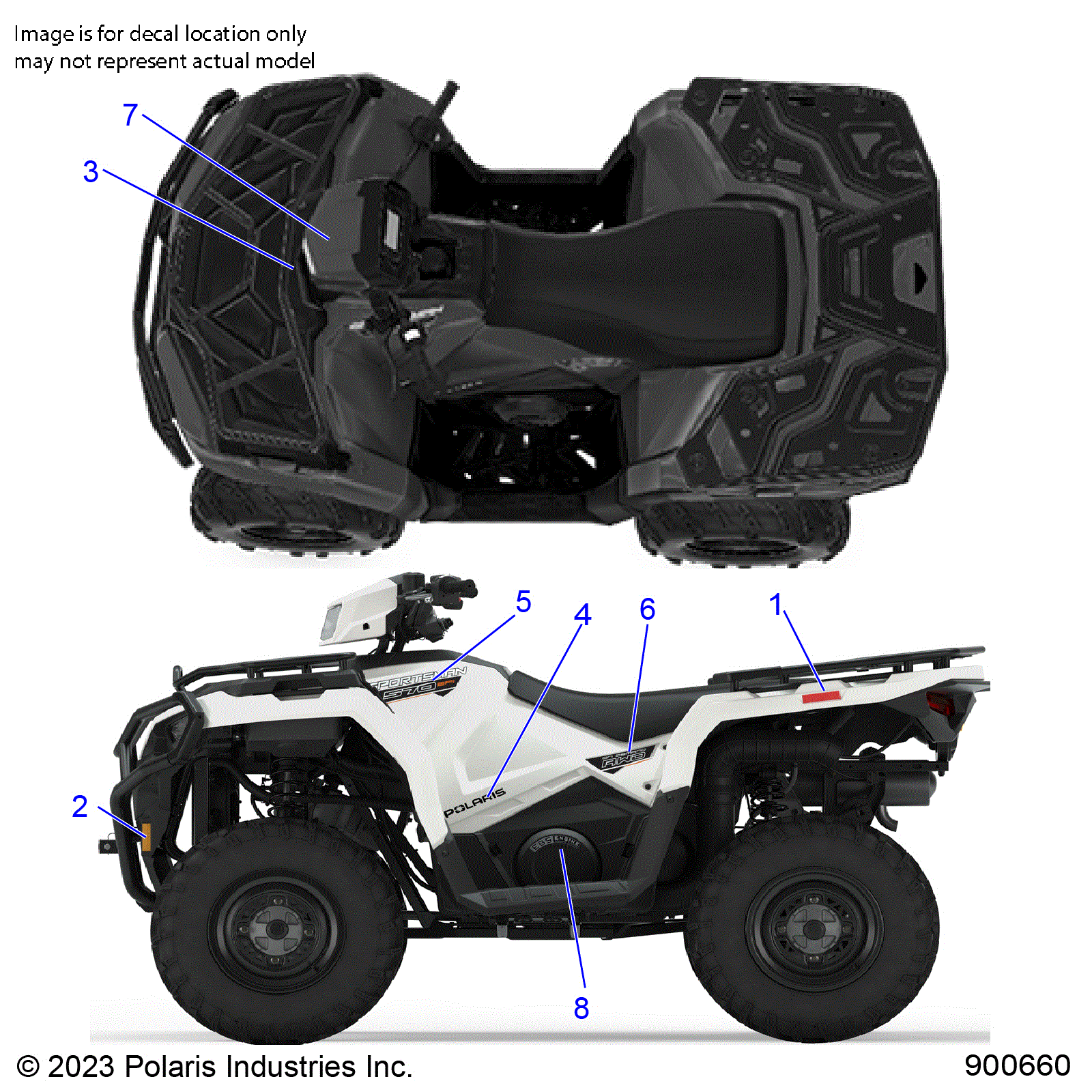 An Image of a Genuine Polaris Parts Schematic Diagram showing the schematic - BODY: DECALS GRAPHIC - 2023 POLARIS SPORTSMAN 570 UTILITY LE
