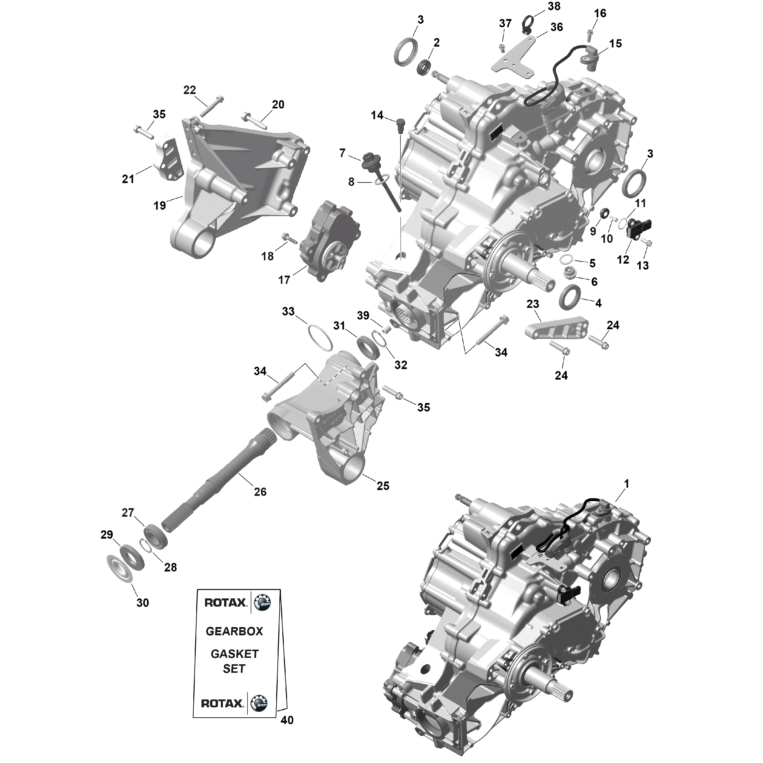 An Image of a Genuine Can-Am Parts Schematic Diagram showing the schematic - ROTAX - GEARBOX ASS'Y AND DRIVE SHAFT - 420686788