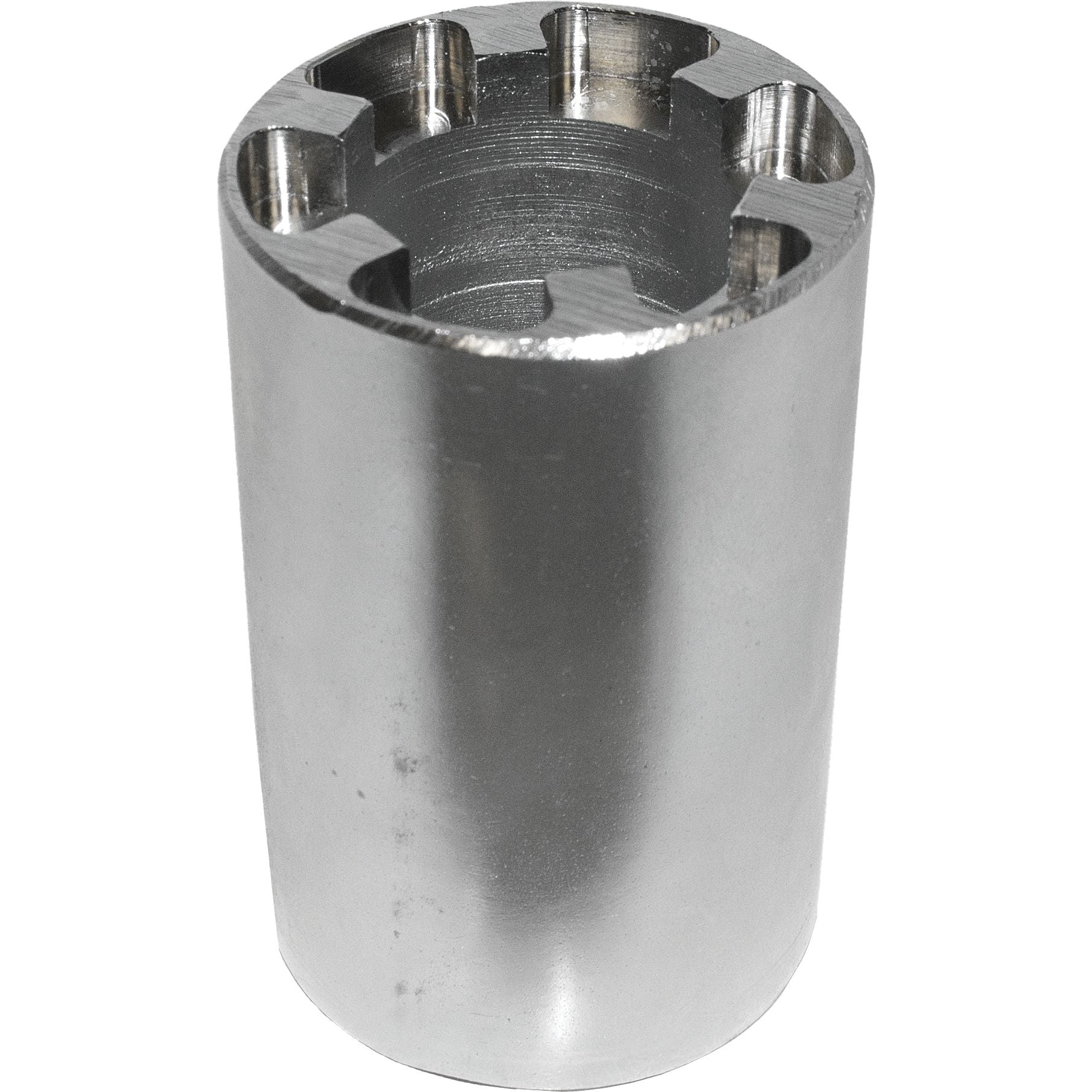 The Clutch Spider Nut Tool 900 Rzr Xp by SLP is a shiny metal socket with six notches at its open end, designed for easy removal of jam nuts and other fasteners like nuts or bolts.