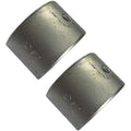 Pair of curved silver metal plain bearing halves with small holes and engraved markings.