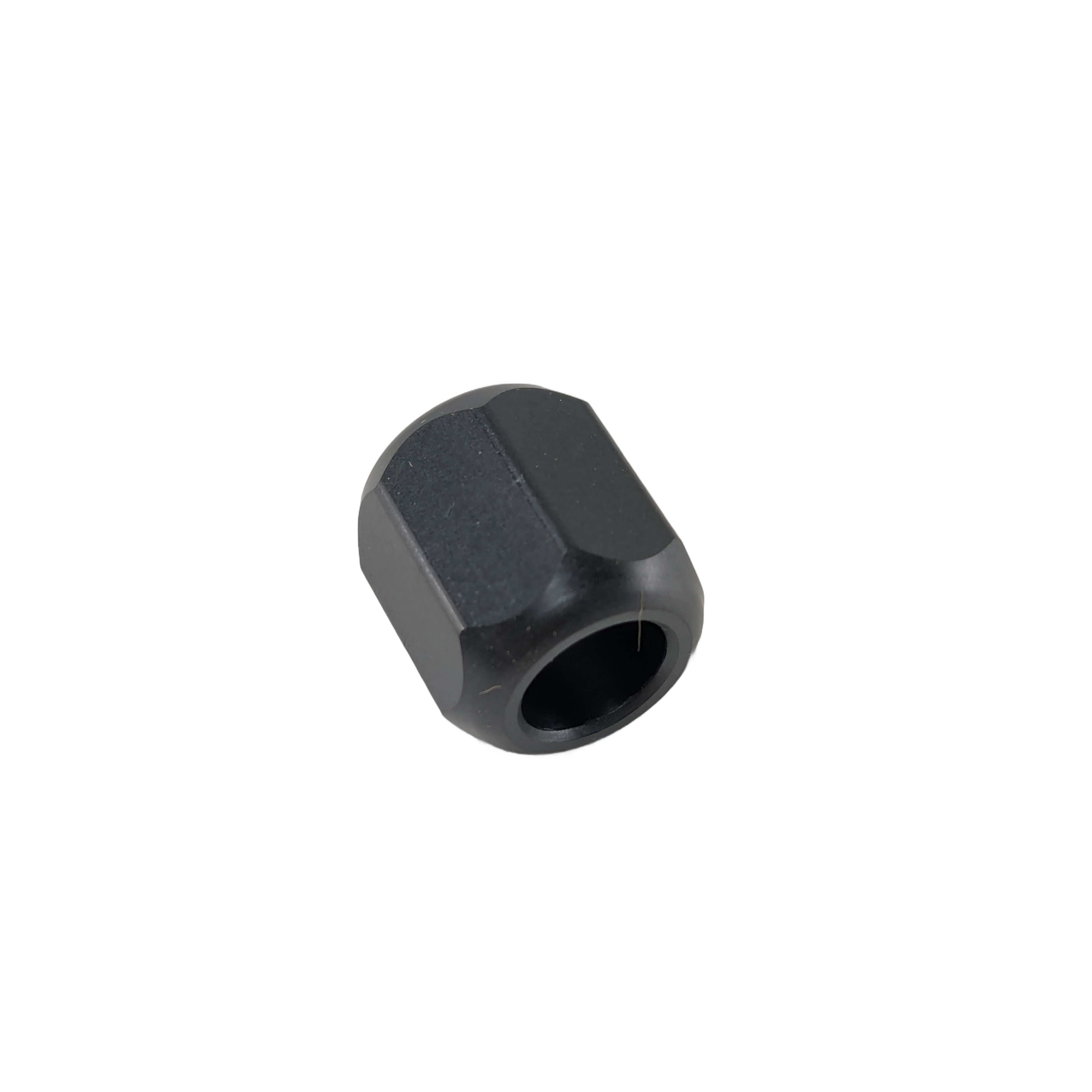 Black hexagonal metal roller with hollow center and smooth finish.