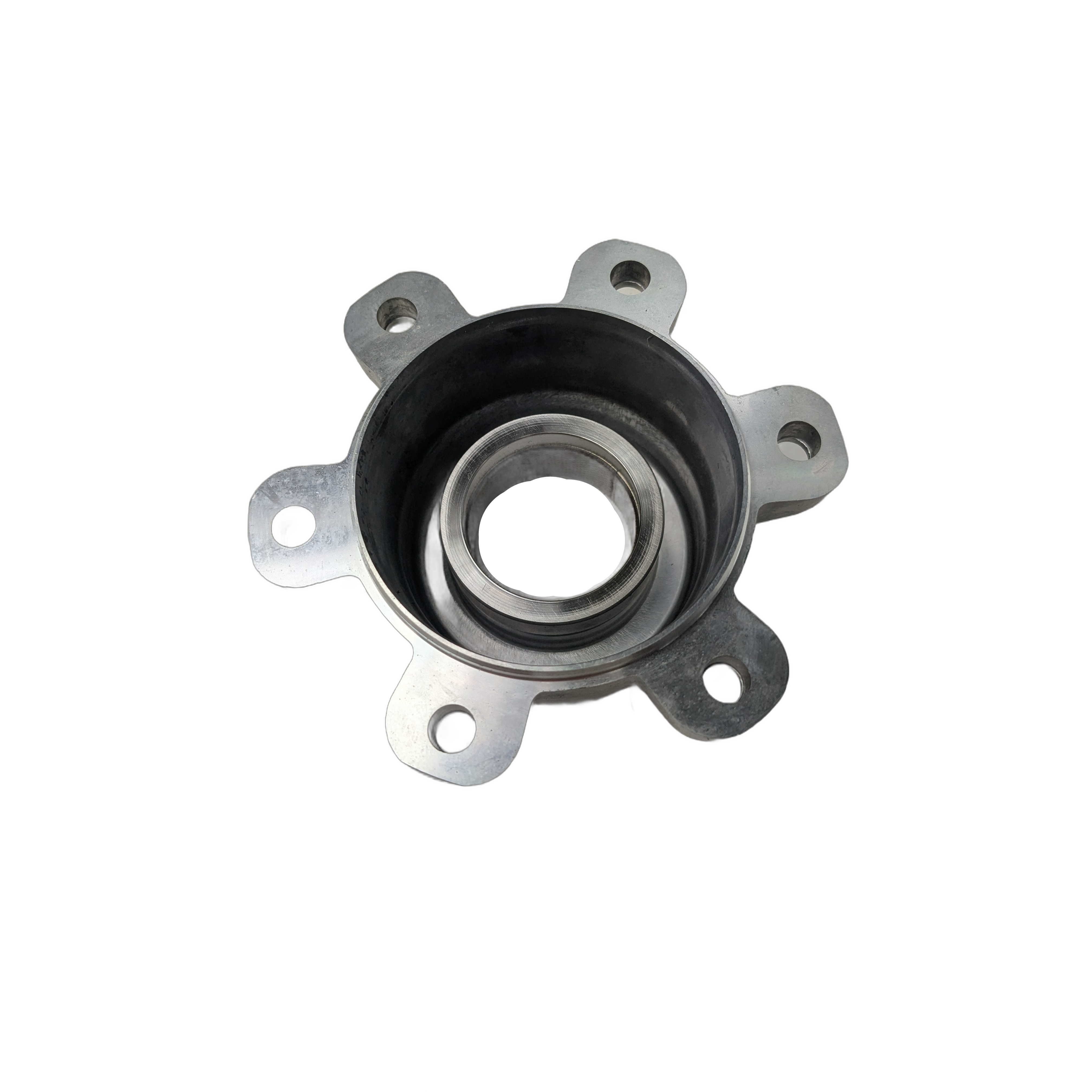 Silver metal bearing cover with six mounting tabs and a central circular opening.