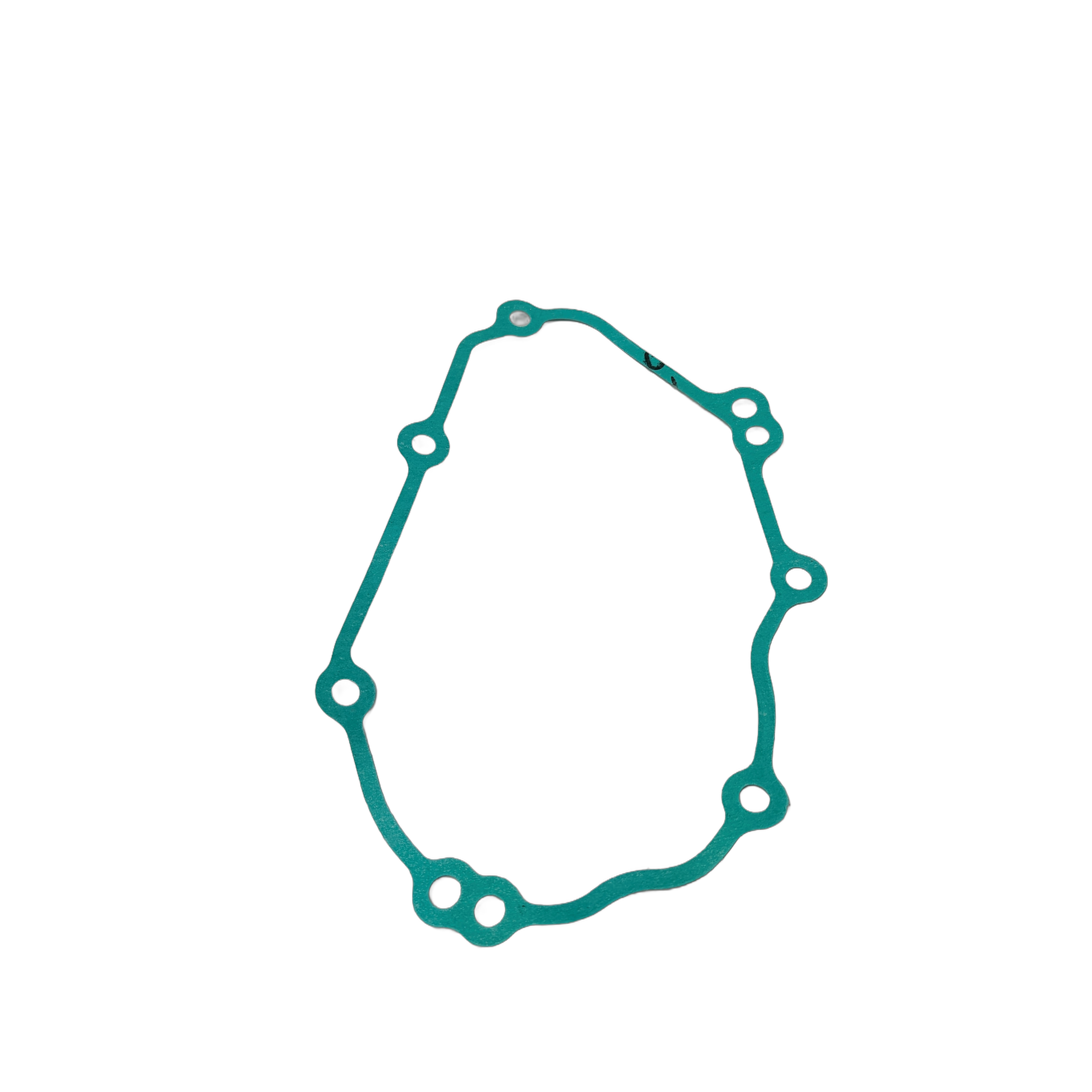 Green irregularly shaped gasket with multiple circular holes around the edges designed for sealing mechanical parts.