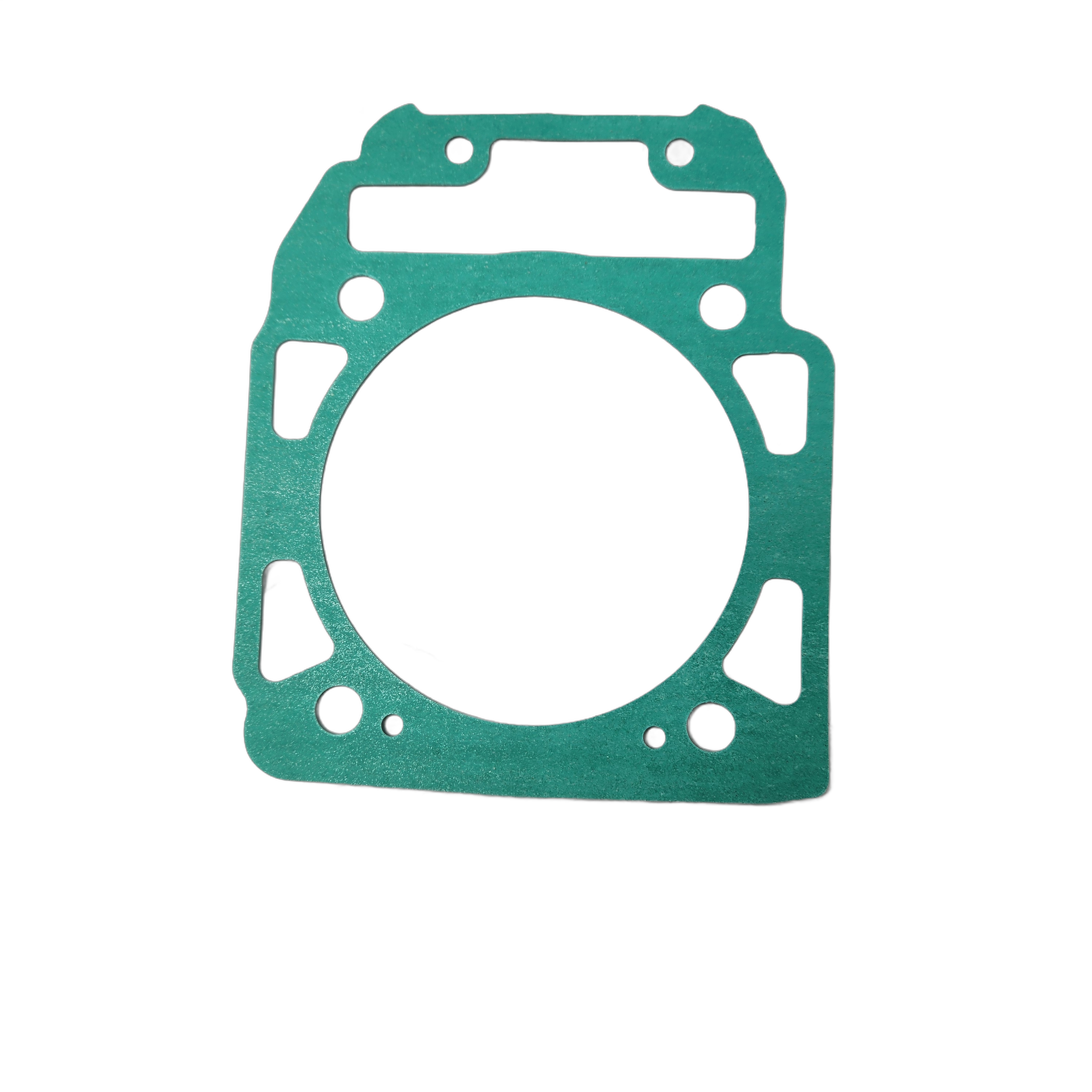 Green rectangular gasket with multiple holes and a large central circular opening, made from a flat sealing material.