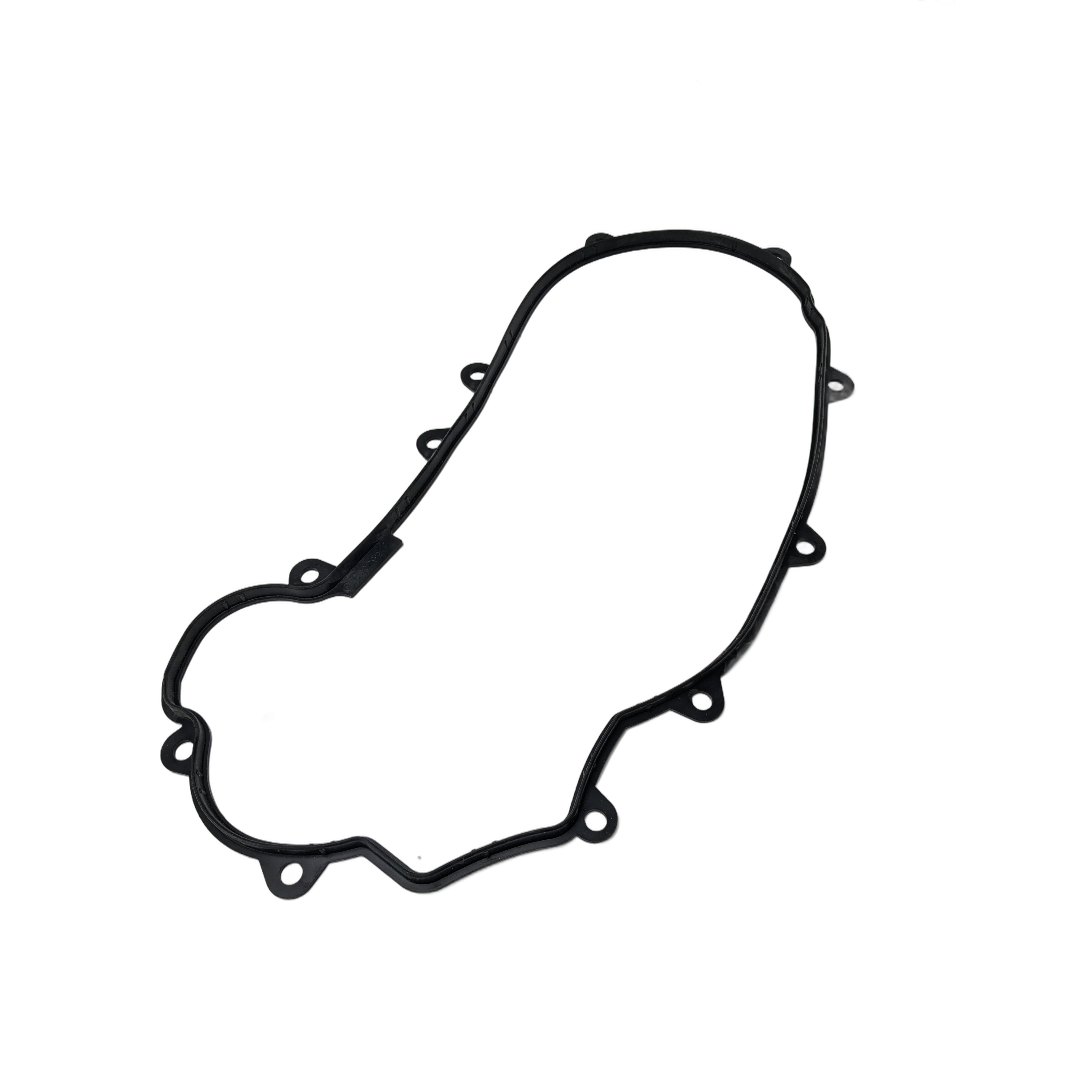 Black rubber gasket with multiple mounting holes, irregular oval shape for sealing components.