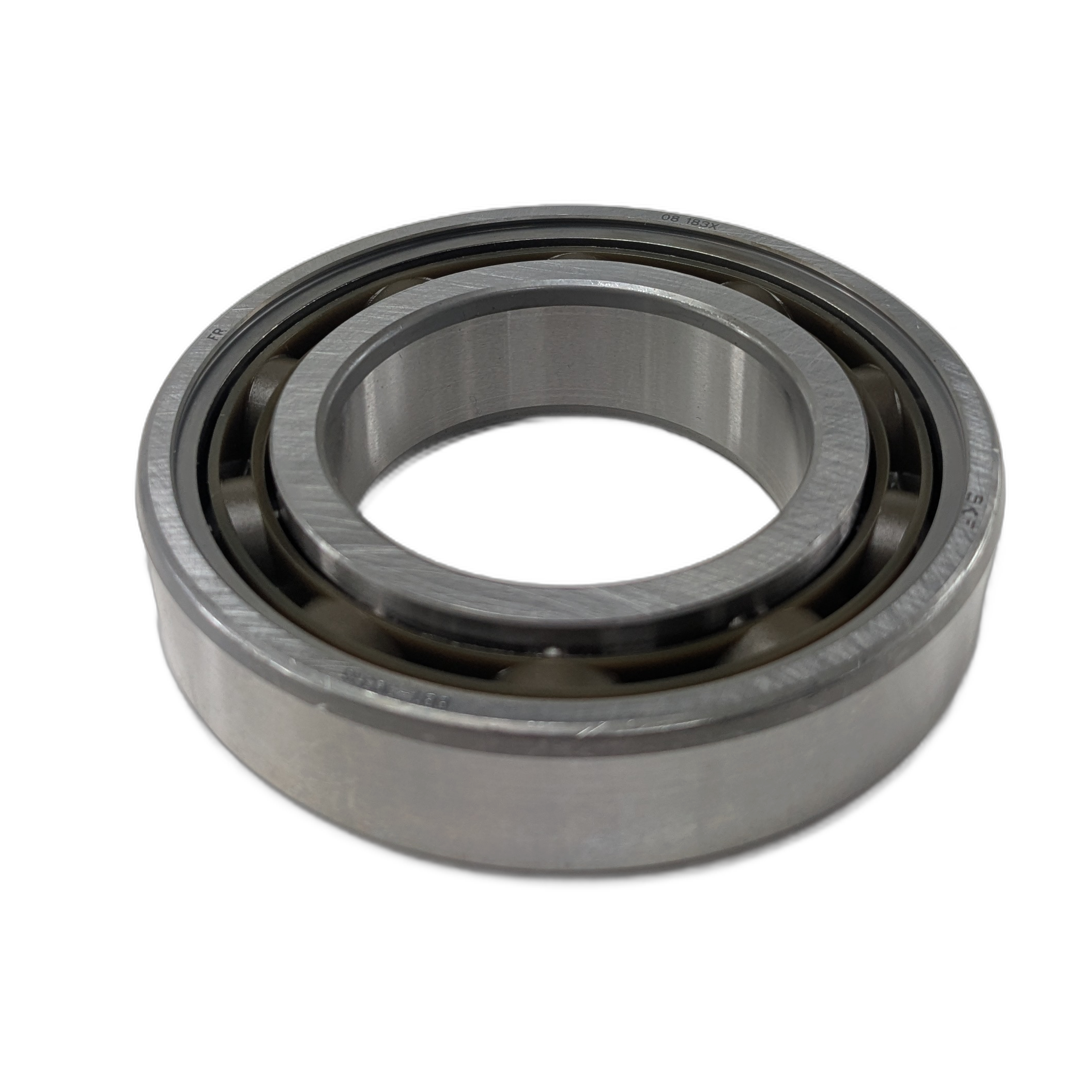 Metallic ball bearing with visible steel balls inside a circular outer and inner ring, polished silver finish.