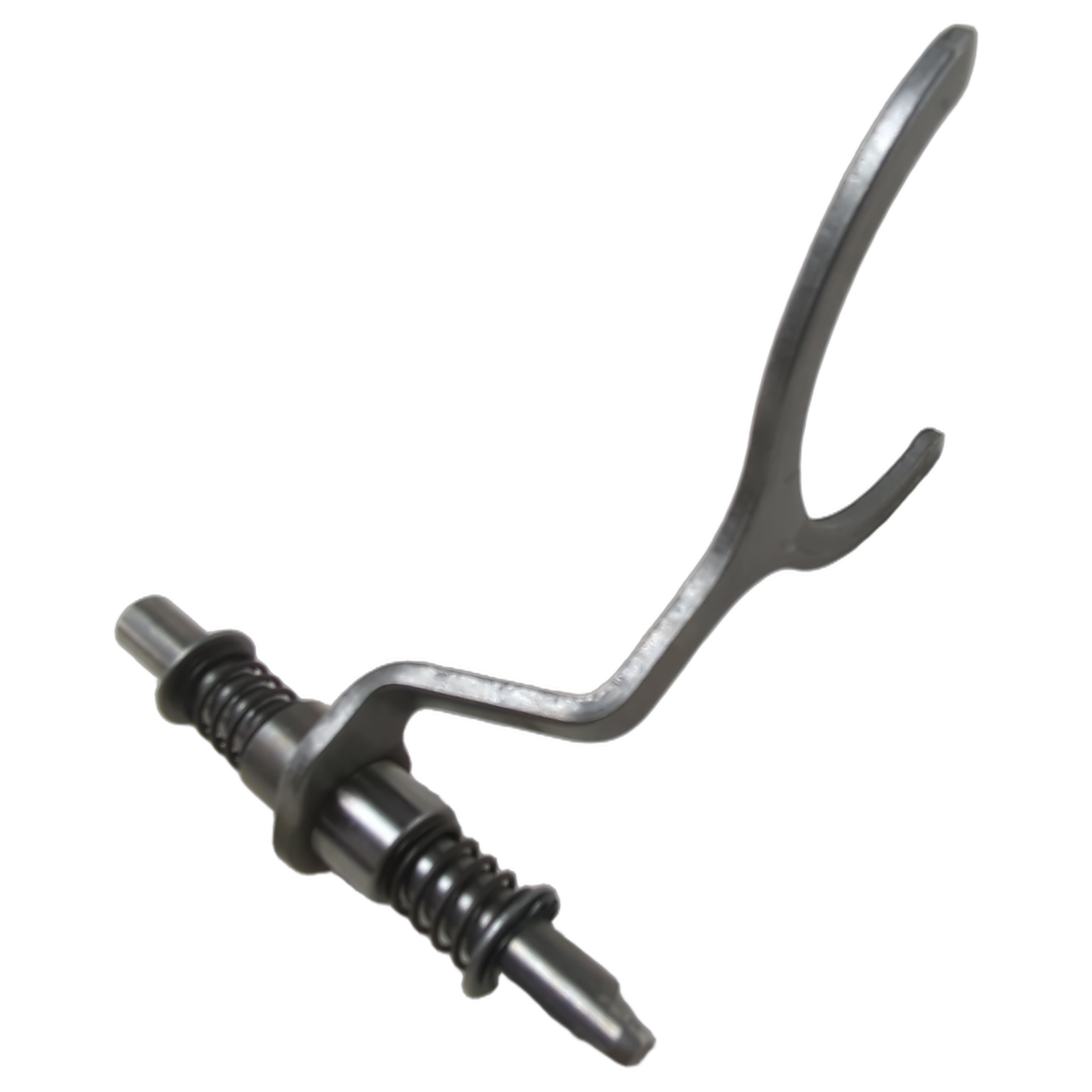 Black metal shift fork with a curved arm and cylindrical base featuring grooves and pins.