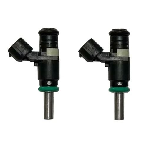 Pair of black and silver Can-Am fuel injectors with green O-rings and electrical connectors.