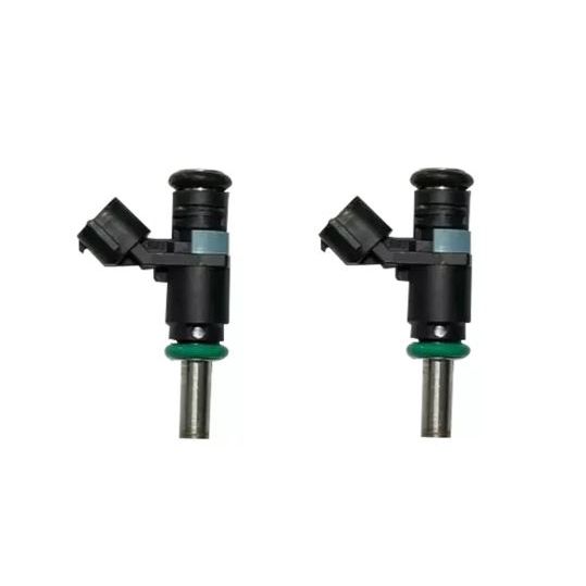 Set of two black remanufactured Can-Am fuel injectors with green seals and metal nozzles.