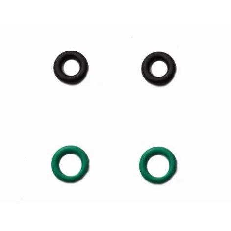 Two small black rubber O-rings and two slightly larger green rubber O-rings on white background.