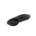 Black molded insulating mat with two circular depressions and a flexible wire attached.