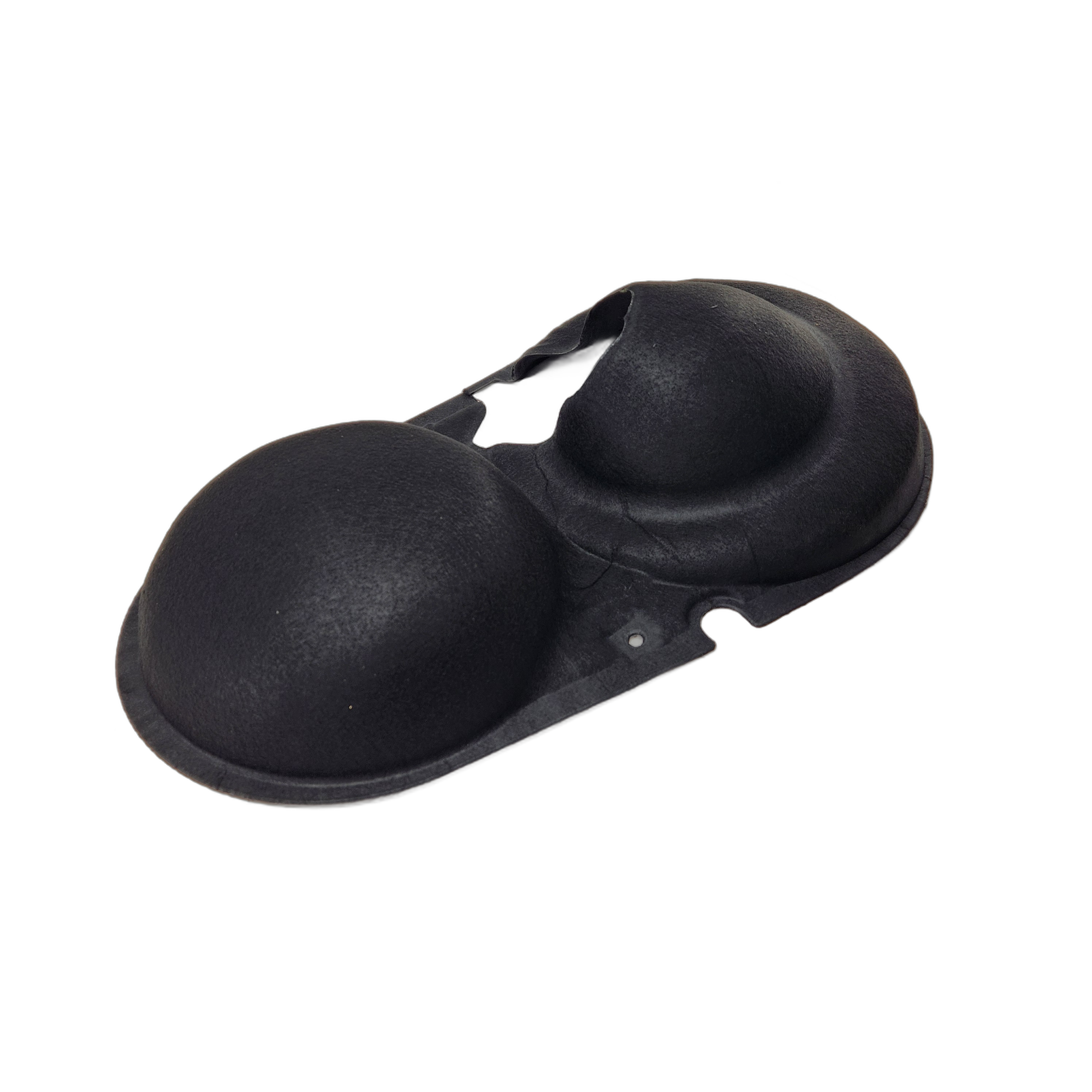 The Heat Protector by Can-Am is a black molded plastic or rubber part with two dome-shaped sections and an opening on one side, shown against a white background—ideal for use with Can-Am UTV parts.