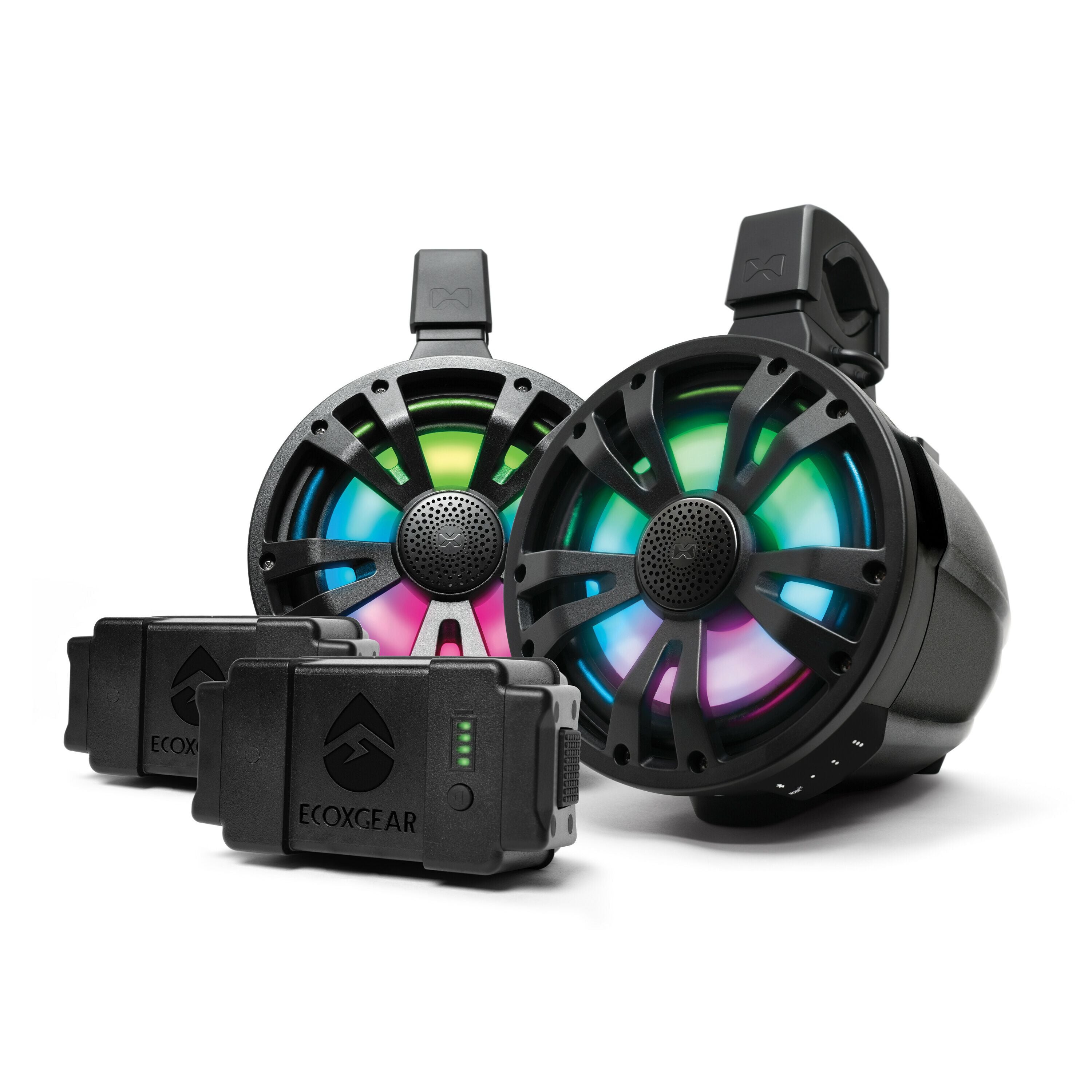 The Extreme Tower 2-Pack (8") by EcoXGear features two black, round waterproof speakers with colorful LED lights—one with a built-in amp and battery, one non-amp—plus two rectangular ECOXGEAR-labeled devices, all with a rugged design for outdoor use.