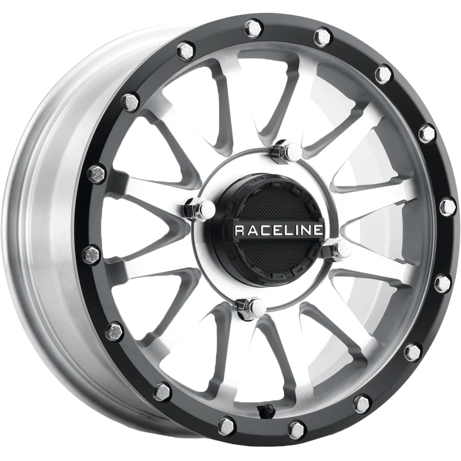 15x6 machined and black Raceline ATV/UTV wheel with multi-spoke design and bolt accents.
