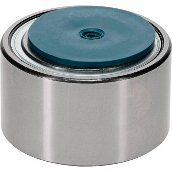 The Kawasaki Teryx Wheel Bearing Kit Tapered Double Angular Contact Rear by Moose Offroad features a smooth silver cylindrical build with a flat blue cap, resembling a DAC bearing and utilizing high-contact double-lip seals for superior performance.