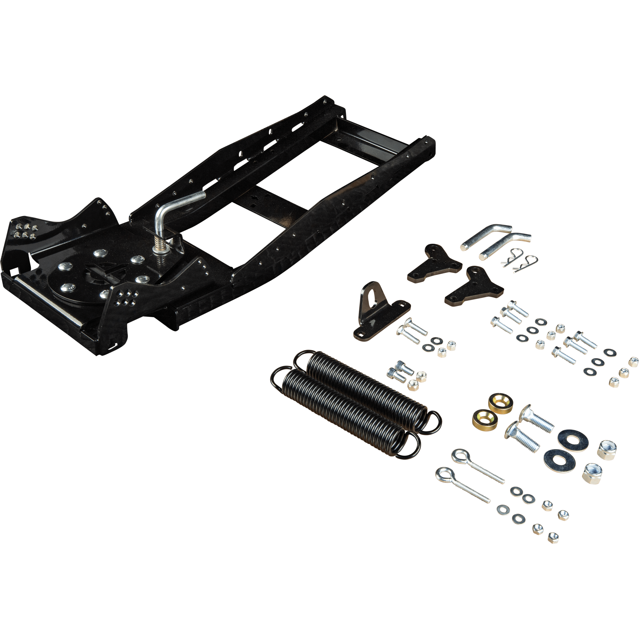 The UTV Plow Push Tube by Open Trail features a black metal hitch assembly with steel tubing, bolts, nuts, washers, a plow lift bracket, mounting brackets, pins, and two large springs—all displayed on a white background.