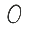 Black rubber V-belt with evenly spaced teeth on inner surface, circular loop design.
