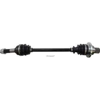 Black metal axle shaft with protective rubber boots on both ends, featuring silver-colored mounting flange on one side and.