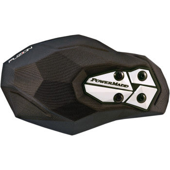 Black angular durable plastic handguard with white Powermadd logo plate and mounting holes.