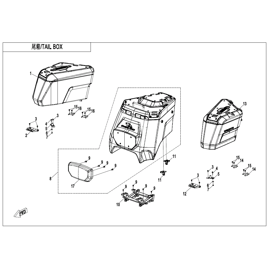An Image of a genuine CFMOTO Parts Schematic Diagram showing the group - TAIL BOX (OVERLAND - 2023 CFMOTO CFORCE 1000