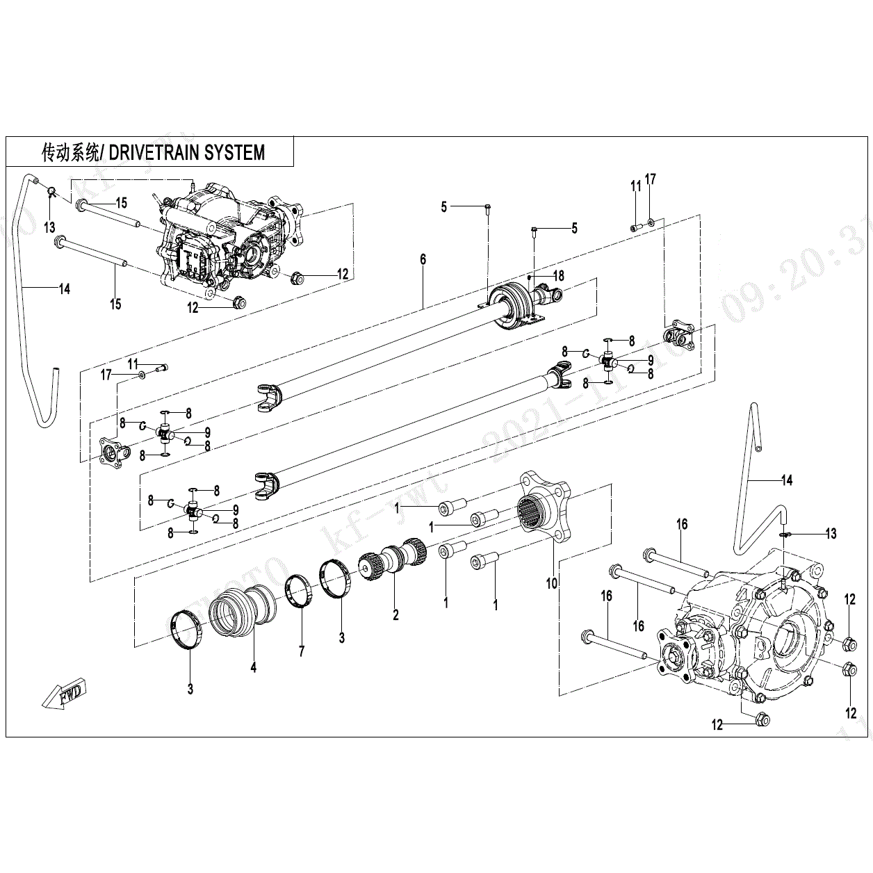 An Image of a Genuine CFMOTO Parts Schematic Diagram showing the schematic - DRIVETRAIN SYSTEM - 2023 CFMOTO UFORCE 1000 XL
