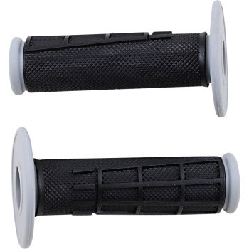 The image shows two Compound Diamond Half Waffle Grips Black by Moose Offroad, featuring dual-compound materials, textured surfaces, and flange ends for motorcycle handlebars, displayed from different angles on a plain white background.