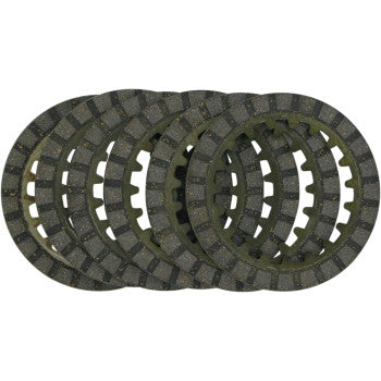 Five stacked friction plates from the Clutch Kit by Ebc, made of heat-resistant cork material with grooved surfaces, are arranged overlapping on a white background.