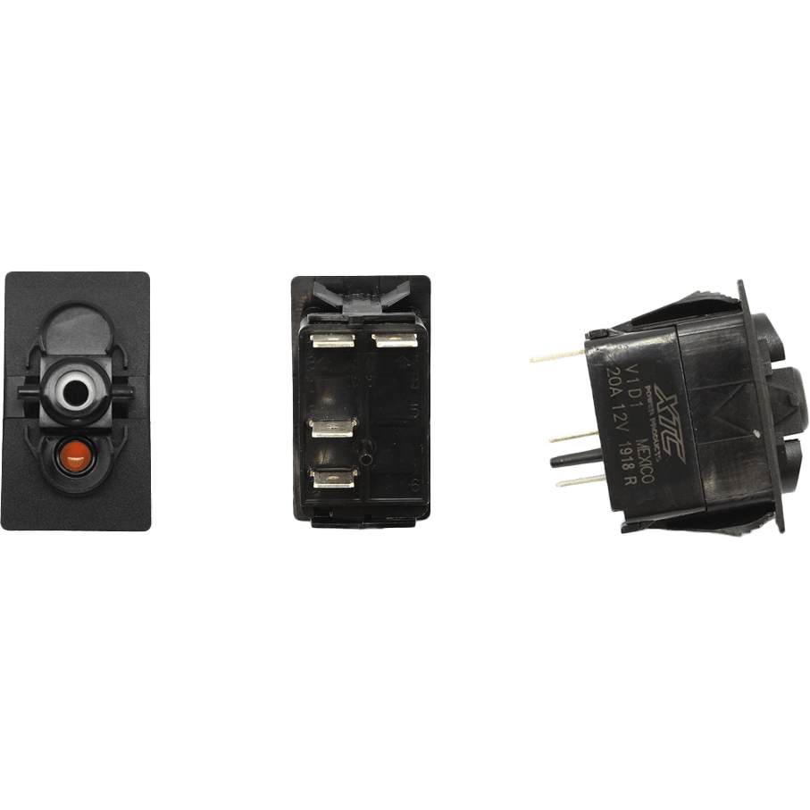 Three views of the Dash Switch Body Momentary Amber Bottom by XTC Power: front with amber indicator, bottom showing metal terminals, and side view displaying product specs for UTV wiring solutions.