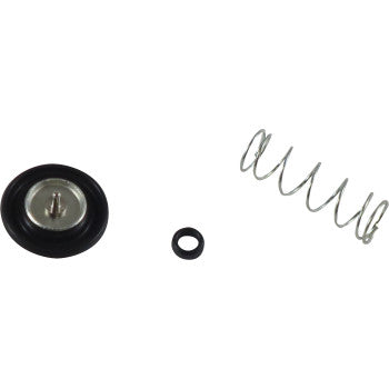 The Kawasaki Air Cut Off Valve Kit by Shindy includes a rubber and metal diaphragm, a black O-ring, and a coiled spring—essential components for proper carburetor air and fuel mixture control.