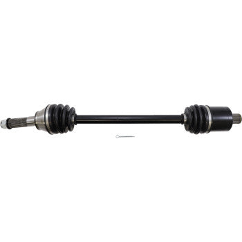 Black metal CV axle shaft with rubber boots on both ends and a small metal pin below it.