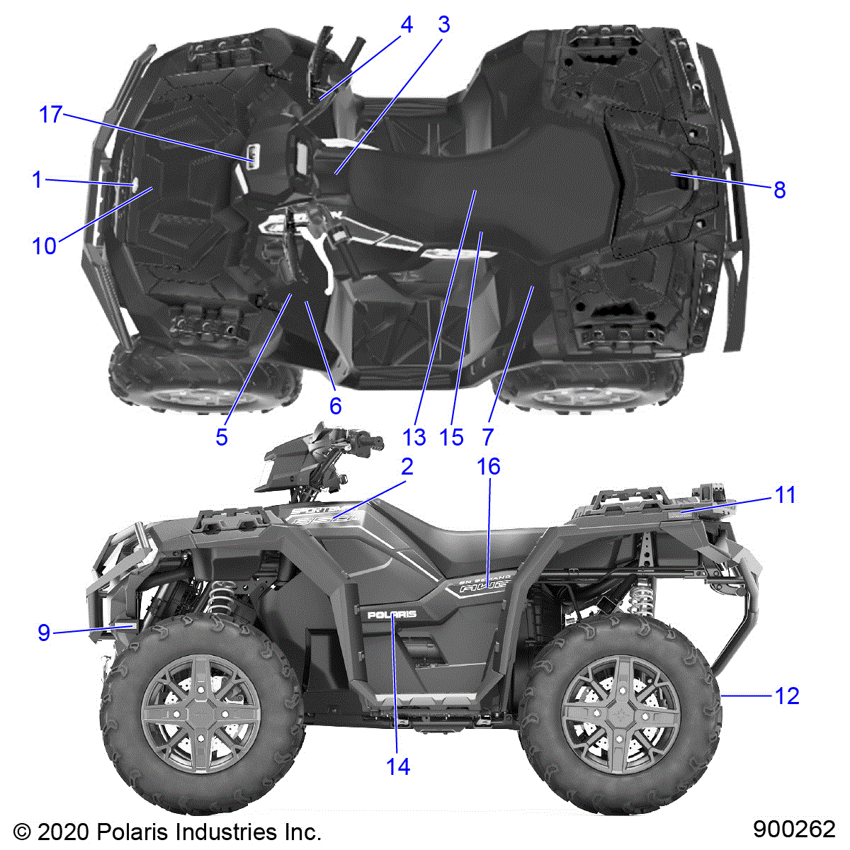 An Image of a Genuine Polaris Parts Schematic Diagram showing the schematic - BODY: DECALS - 2021 POLARIS SPORTSMAN 850 48" TRAIL