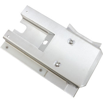 Silver metal skid plate with bolt holes and cutouts designed to protect Yamaha Raptor swingarm.