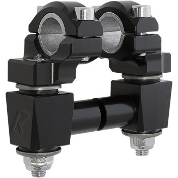 The Elite Anti Vibration 2” Pivot Handlebar Risers Black by Rox Speed Fx feature a black anodized 6061-T6 aluminum build with silver hardware, a rectangular base, and cylindrical clamps for mounting handlebars to motorcycles or bicycles.