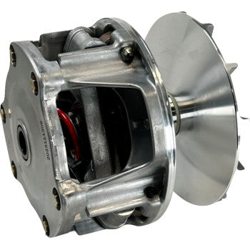 A close-up view of the Polaris Primary Clutch EBS by Moose Offroad, showcasing its detailed components such as the main housing, bolts, and polished rotating disc.