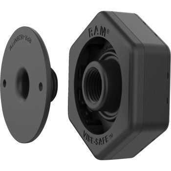 The Vibe Safe Adapter by Ram Mounts includes two black, hexagonal holders with circular centers and vibration dampeners; one has an NPT thread, the other features a protruding threaded cylinder for secure mounting.