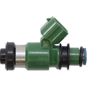 Green and black Honda fuel injector with metal and rubber components, compact cylindrical shape.