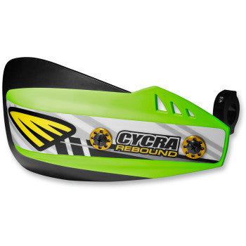 Bright green Cycra Rebound hand guard with yellow and black graphics and black mounting bracket.