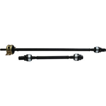 The Complete Propeller Shaft by All Balls includes two black metal shafts of different lengths with full mounting hardware, greaseable U-joints for easy maintenance, and an extra bracket on the longer shaft for added support.