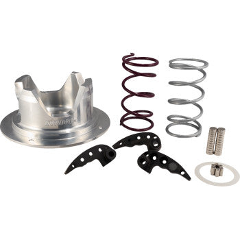 Silver metallic clutch housing with two black anodized lever components, paired with red and silver coil springs, two small.