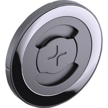 The Universal Mini SPC+ Interface Adhesive by Sp Connect is a black and silver circular disc with a cross-shaped center and reflective outer rim, perfect for SPC+ mounts or secure attachment using its adhesive pad.