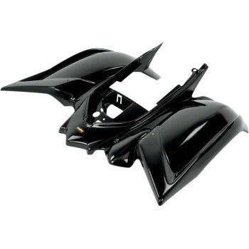 Glossy black plastic rear fender with angular design for Yamaha Raptor 700R ATV.