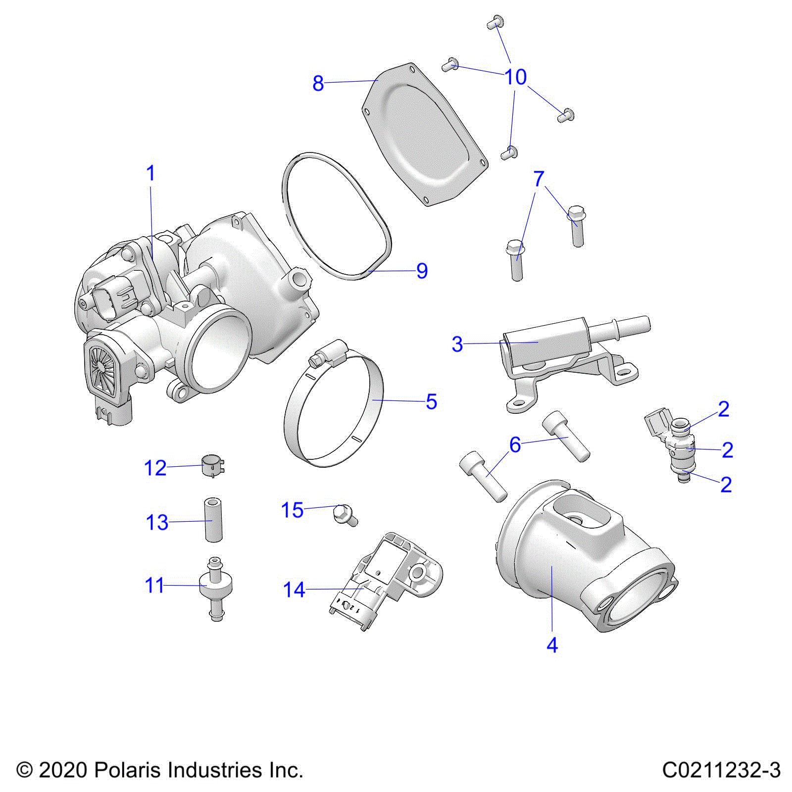 An Image of a Genuine Polaris Parts Schematic Diagram showing the schematic - ENGINE: THROTTLE BODY and FUEL RAIL - 2022 POLARIS SPORTSMAN 450 HO