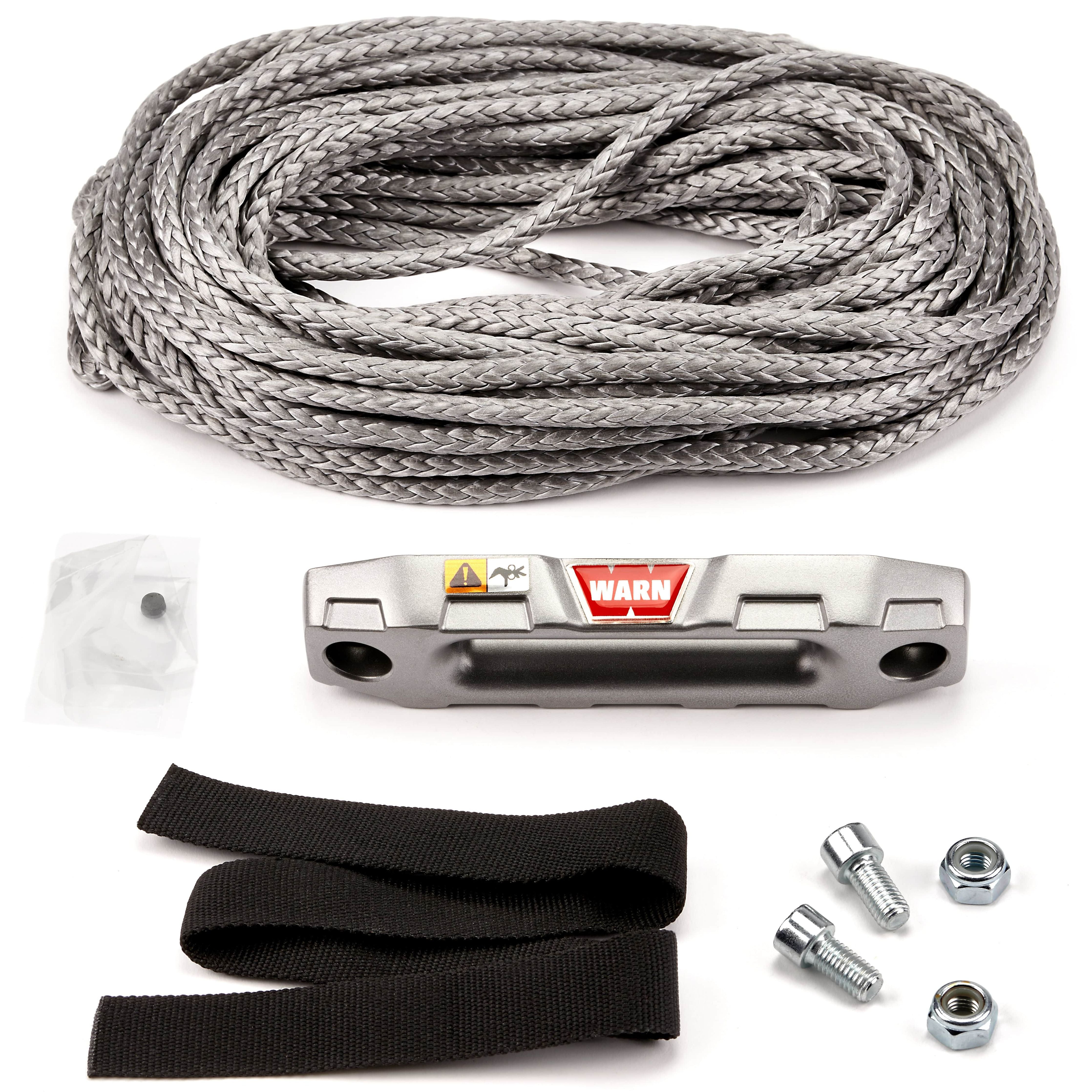The Winch Replacement Synthetic Rope Upgrade Kit Vrx45/Axon45/Axon55 by Warn includes a silver rope with rock guard sleeve, WARN fairlead, black straps, screws, bolts, and a small plastic bag, all for WARN ATV winches.