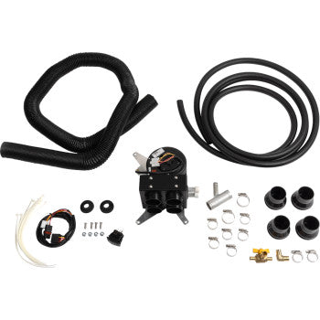Black flexible heater hoses, compact black metal heater unit with wiring harness, clamps, connectors, and installation.