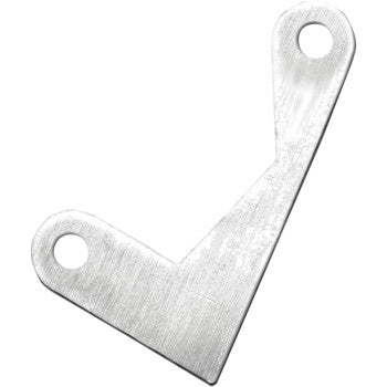 A flat, silver, V-shaped metal bracket with two circular holes at each end and a brushed, reflective finish—its the Anti-Rotation Oil Filter Mount Device by Jagg Oil Coolers.