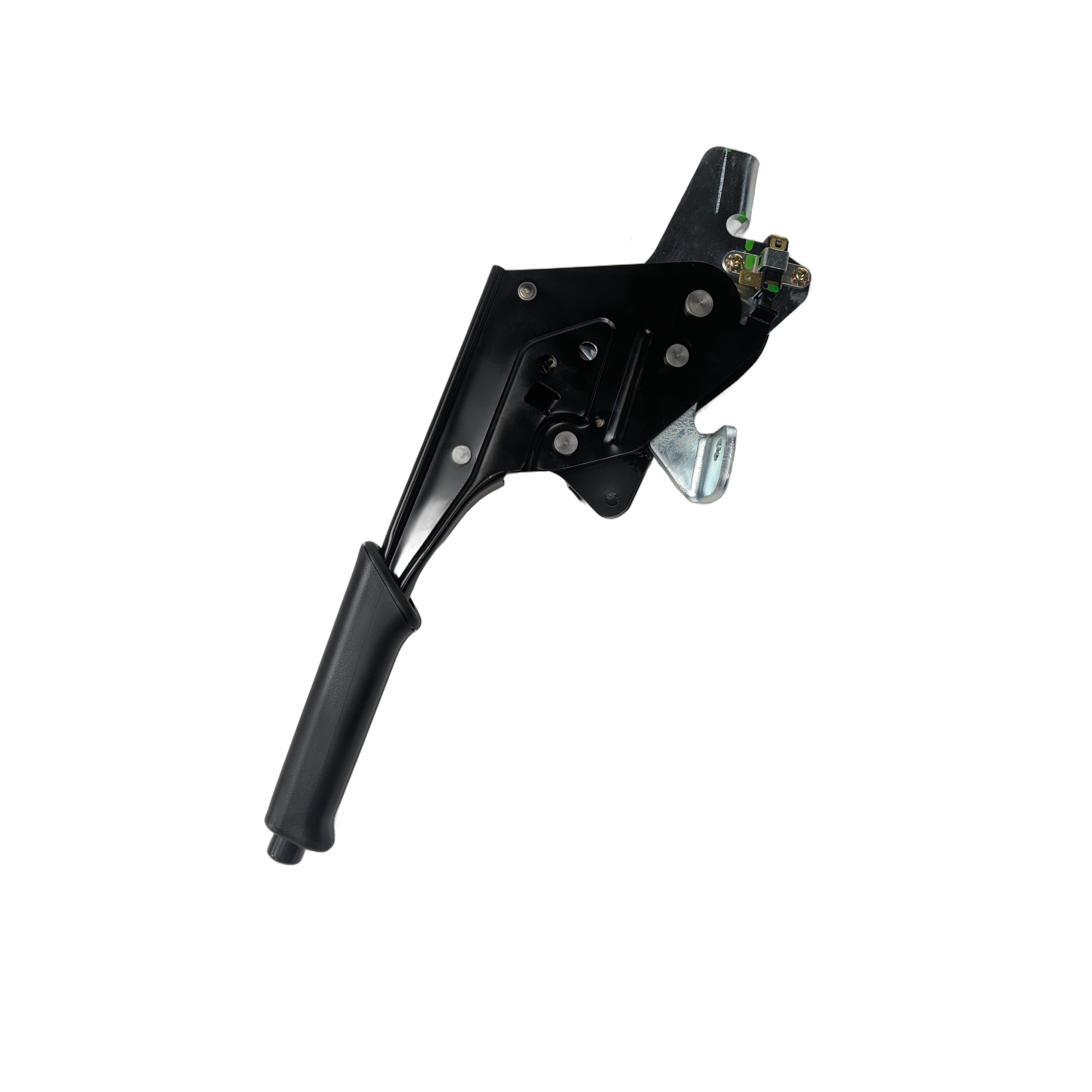 Black metal parking brake lever assembly with ergonomic grip and mounting bracket.